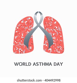 Asthma awareness sign with grey ribbon and lungs icons on white background. Respiratory disease solidarity day. Vector illustration.