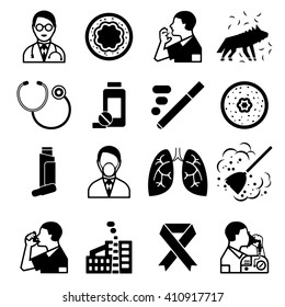 Asthma Black Isolated Icons Set With Sick People Drugs And Medical Instruments Vector Illustration