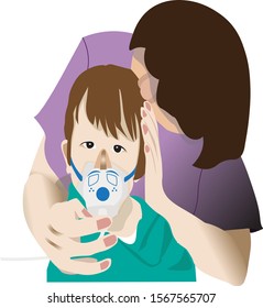 asthma child is using inhaler device   and he is hold by his mom