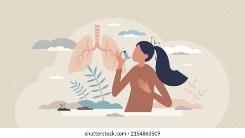 Asthma chronic disease with medical breathing problems tiny person concept. Allergic pollen symptoms with bronchial chest pain and spray for normal airways vector illustration. Respiration health care