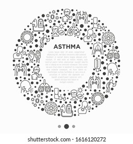 Asthma concept in circle with thin line icons: allergen, dyspnea, cough, wheezing, chest pain, diaphragm, asthma attack, hives, sputum, peak flow meter, inhaler, nebulizer. Modern vector illustration.