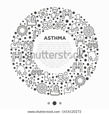 Asthma concept in circle with thin line icons: allergen, dyspnea, cough, wheezing, chest pain, diaphragm, asthma attack, hives, sputum, peak flow meter, inhaler, nebulizer. Modern vector illustration.