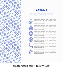 Asthma concept with thin line icons: allergen, dyspnea, cough, wheezing, chest pain, diaphragm, asthma attack, hives, sputum, peak flow meter, nebulizer. Vector illustration, template with copy space.