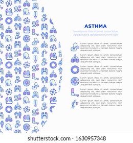 Asthma concept with thin line icons: allergen, dyspnea, cough, wheezing, chest pain, diaphragm, hives, sputum, peak flow meter, inhaler, nebulizer. Vector illustration, template with copy space.