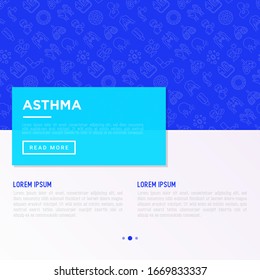Concepto de asma con iconos de línea delgada: alergeno, disnea, tos, sibilancias, dolor de pecho, diafragma, urticaria, esputo, medidor de flujo máximo, inhalador, nebulizador. Ilustración vectorial, plantilla con espacio de copia.