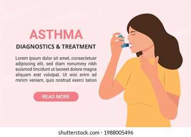 Asthma diagnostics and treatment banner with Woman uses an asthma inhaler against attack. World asthma day. Allergy,Bronchial asthma. Vector  illustration