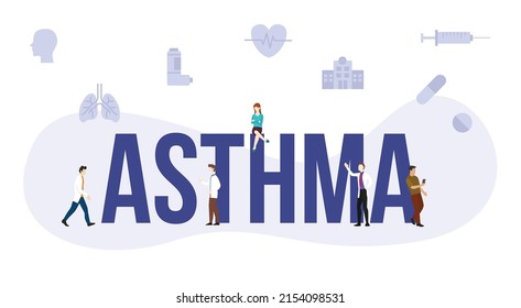 asthma disease health concept with big word or text and people with modern flat style