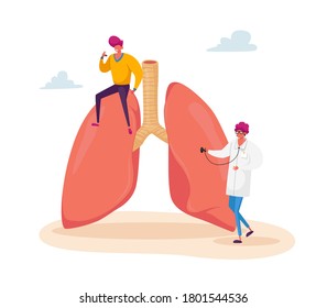 Asthma Disease, Medical Care, Respiratory Medicine, Pulmonology. Doctor Character With Stethoscope Checking Lungs Search Pathology, Patient Breath With Inhaler. Cartoon People Vector Illustration