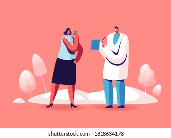 Asthma Disease, Medical Care, Respiratory Pathology Medicine, Pulmonology Concept. Doctor Character Writing Patient Diagnosis In Card, Woman Breath With Inhaler. Cartoon People Vector Illustration