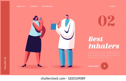 Asthma Disease, Respiratory Pathology Medicine, Pulmonology Landing Page Template. Doctor Character Writing Patient Diagnosis In Card, Woman Breath With Inhaler. Cartoon People Vector Illustration