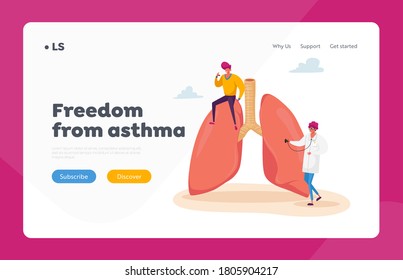 Asthma Disease, Respiratory, Pulmonology Landing Page Template. . Doctor Character with Stethoscope Checking Lungs Search Pathology, Patient Breath with Inhaler. Cartoon People Vector Illustration