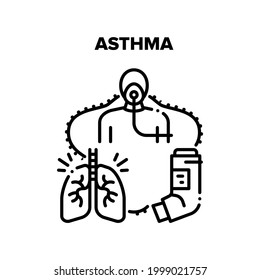 Asthma Disease Vector Icon Concept. Asthma Attack Disease Treatment Tool, Asthmatic Patient Breathing With Inhaler Respiratory Hospital Equipment. Illness Lungs Treat Black Illustration