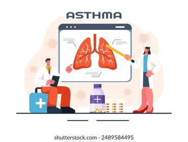 Ilustración vectorial de la enfermedad del asma con los pulmones humanos y los inhaladores para respirar en un fondo plano de la historieta del estilo de la salud
