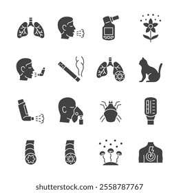 Asthma glyth icon set. Vector collection with lung, cough, pollen, inhaler, flow peak meter, dust mite, fungal mold.  Symptoms and causes of asthma. 