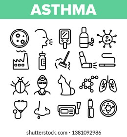 Asthma Illness Vector Thin Line Icons Set. Asthma Medical Condition Symptoms Contour Symbols. Asthmatic Disease Reasons, Treatment. Viruses Affecting Lungs, Respiratory System Outline Illustrations