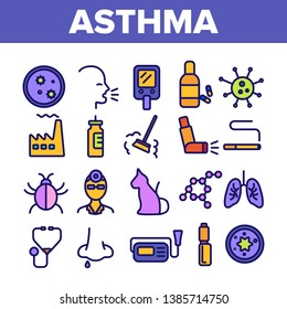 Asthma Illness Vector Thin Line Icons Set. Asthma Medical Condition Symptoms Contour Symbols. Asthmatic Disease Reasons, Treatment. Viruses Affecting Lungs, Respiratory System Outline Illustrations