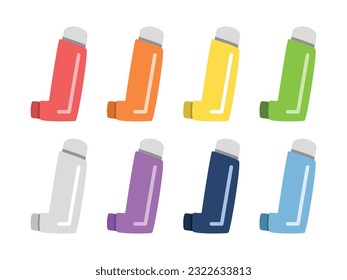 Asthma inhaler clipart cartoon style. Multicolor medical allergy asthma inhaler flat vector set illustration hand drawn doodle style. Hospital and medical concept