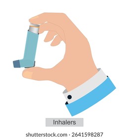 An asthma inhaler is a device used for the treatment of asthma. It delivers medication to lungs by breathing it in (inhaling).Medical equipment, vector illustration.