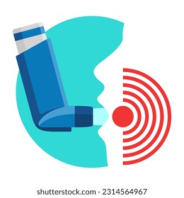 Asthma inhaler in flat cartoon design with pain circles