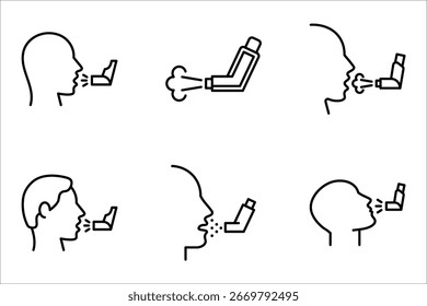 Conjunto de iconos de inhalador de asma, aerosol para respirar, Ilustración vectorial sobre fondo blanco