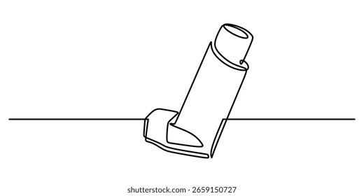 Asma inalador um desenho de linha contínua. Simbolizando a saúde respiratória, o tratamento respiratório e os cuidados médicos. Objeto de vetor minimalista para uma clínica ou assistência médica.