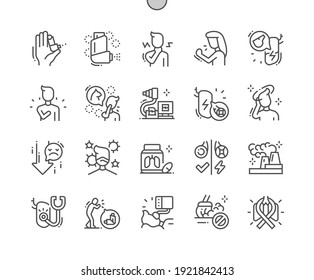 Asthma. Inhaler. Treatment of asthma. Lung diagnostics. Polluted air. Health care, medical and medicine. Pixel Perfect Vector Thin Line Icons. Simple Minimal Pictogram