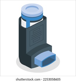 Asthma inhaler vector flat design. Medical allergy asthma blue inhaler spray. Inhalation icon. Medicine drug flat vector illustration. Portable asthma inhaler device on white background