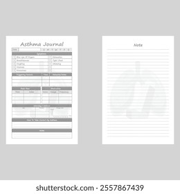 Asthma journal page templates. Organizer page, diary and daily control book