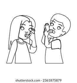 asthma kid vector. nebulizer child, inhaler girl, respiratory ill, person fever, flu cough asthma kid character. people black line illustration