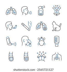 Asthma line color icon set. Vector collection with lung, cough, pollen, inhaler, flow peak meter, dust mite, fungal mold.  Symptoms and causes of asthma.