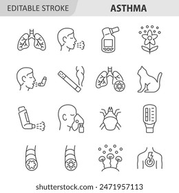 Asthma line icon set. Vector collection with lung, cough, pollen, inhaler, flow peak meter, dust mite, fungal mold.  Symptoms and causes of asthma. Editable stroke.