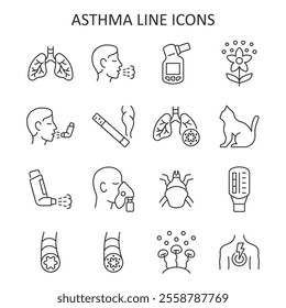 Asthma line icon set. Vector collection with lung, cough, pollen, inhaler, flow peak meter, dust mite, fungal mold.  Symptoms and causes of asthma. 