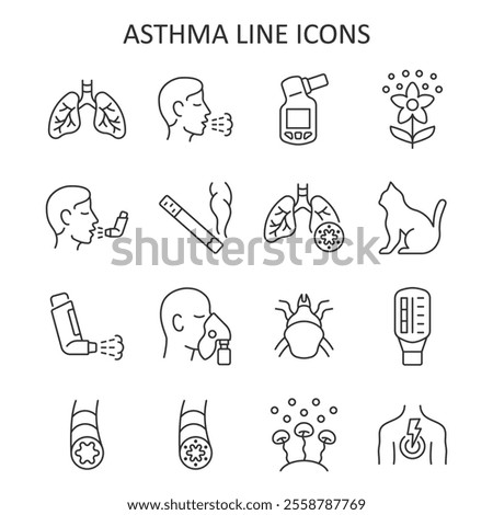 Asthma line icon set. Vector collection with lung, cough, pollen, inhaler, flow peak meter, dust mite, fungal mold.  Symptoms and causes of asthma. 