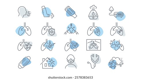 Asthma line icons set. Respiratory diseases, lungs, bronchi, spirometer, inhaler, allergens, x-ray, chest cavity, nibulizer, asthma attack vector