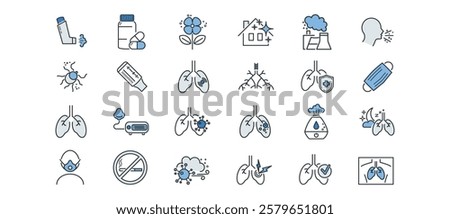Asthma line icons set. Respiratory diseases, lungs, bronchi, spirometer, inhaler, allergens, x-ray, chest cavity, nibulizer, asthma attack vector illustration. Editable Strokes