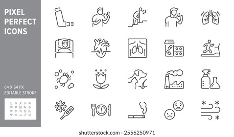 Asthma line icons. Vector illustration include icon - inhaler, cough, pollen, dust, lung, flu, xray, tachycardia, breath outline pictogram for allergen. 64x64 Pixel Perfect, Editable Stroke