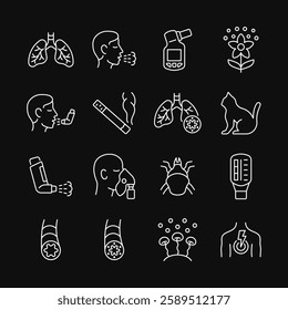 Asthma line white icon set on black background. Vector collection with lung, cough, pollen, inhaler, flow peak meter, dust mite, fungal mold.  Symptoms and causes of asthma. Editable stroke.