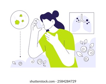 Asthma medications abstract concept vector illustration. Woman using inhaler spray during asthma attack, inhaled corticosteroids, drug pulmonary disease medications abstract metaphor.