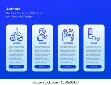 Asthma mobile user interface with copy space and thin line icons: lungs, dyspnea, chest pain, inhaler. Modern vector illustration for medical mobile app.