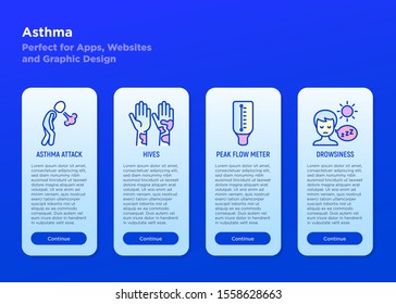 Asthma mobile user interface with copy space and thin line icons: asthma attack, hives, peak flow meter, drowsiness. Modern vector illustration for medical mobile app.
