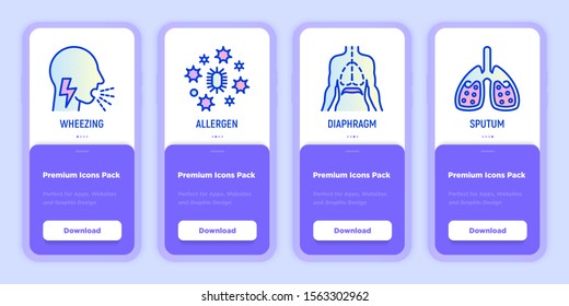 Asthma mobile user interface with copy space and thin line icons: wheezing, allergen, diaphragm, sputum. Modern vector illustration for medical mobile app.