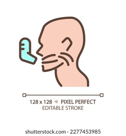 Asthma pixel perfect RGB color icon. Patient take medication via inhaler. Chronic breathing problems. Medical support. Thin line illustration. Contour symbol. Vector outline drawing. Editable stroke