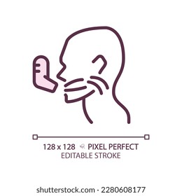 Asthma pixel perfect RGB color linear icon. Patient take medication via inhaler. Chronic breathing problems. Thin line illustration. Contour symbol. Vector outline drawing. Editable stroke