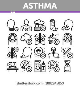 Asthma Sick Allergen Collection Icons Set Vector. Asthma Allergy On Animal And Smoke, Flowers, Factory Smog And Dust, Medical Tool And Lungs Concept Linear Pictograms. Monochrome Contour Illustrations