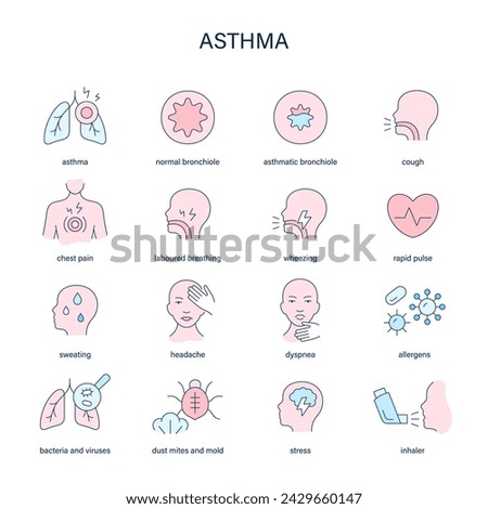 Asthma symptoms, diagnostic and treatment vector icons. Medical icons.