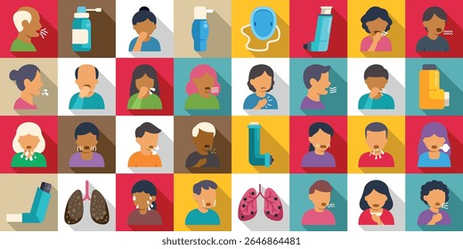  Asthma symptoms icons set. Asthma, allergy, flu and coronavirus symptoms and treatments, including coughing, sneezing, shortness of breath and using inhalers and nebulizers