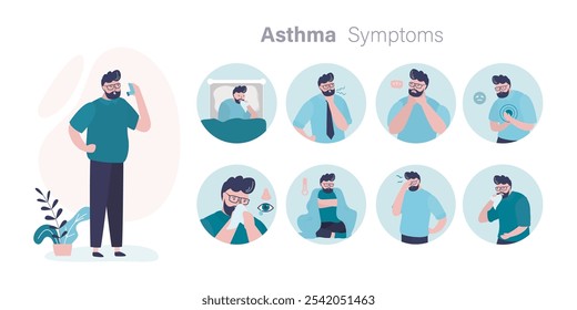 Infografía de los síntomas del asma. El paciente con asma usa un inhalador. Información sobre los desencadenantes, los síntomas y el tratamiento del asma. Consejos de prevención, afección médica: dificultad para respirar, tos y sibilancias.