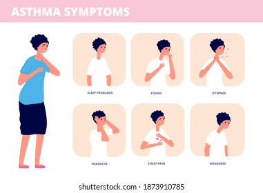 Asthma Symptoms. Person Choking, Chronic Breathing Problem Disease. Asthmatic Breath Infographic, Allergy Or Sickness Utter Vector Concept