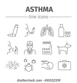 Asthma Symptoms and Symbols. Asthma line icons set.  Vector illustration.