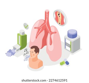 Asthma symptoms and treatment isometric composition with icons of human lungs medication and breathing human character vector illustration
